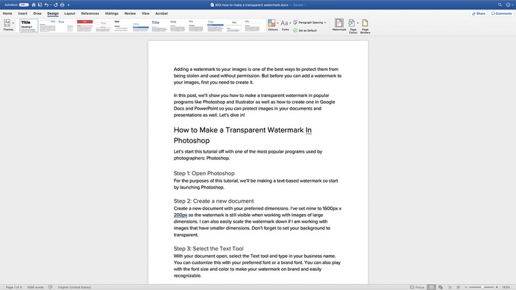 Opening the Design tab in Microsoft Word