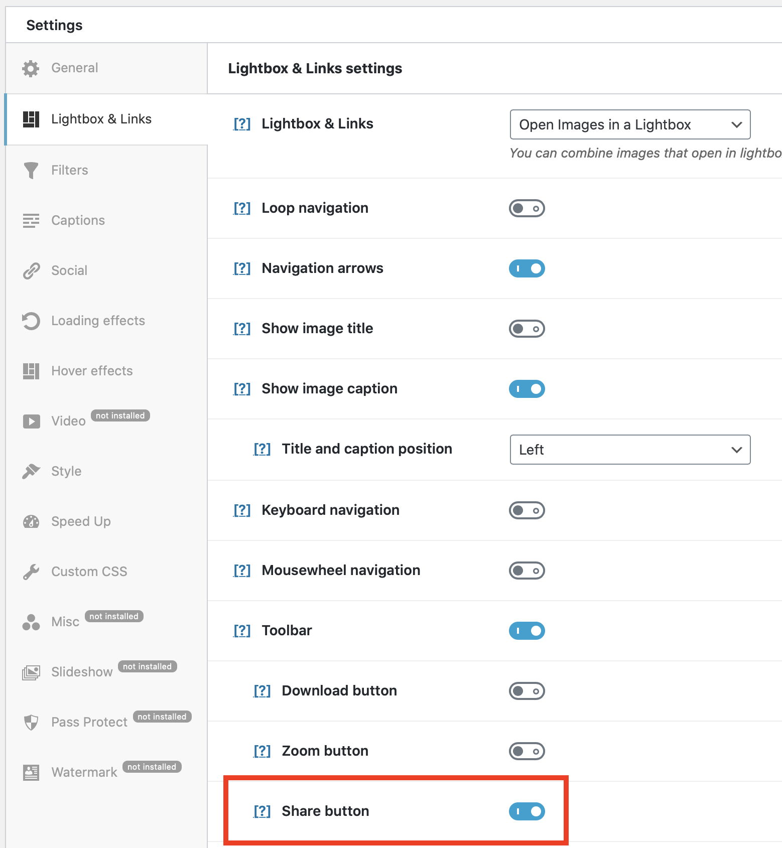 Social icons option in Lightbox