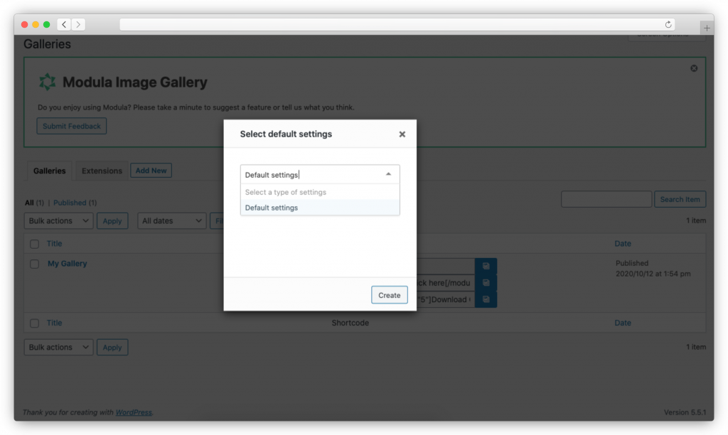 Modula Defaults - popup screen