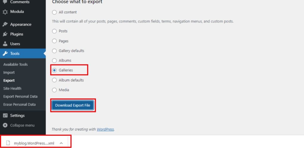 Download Exported Gallery