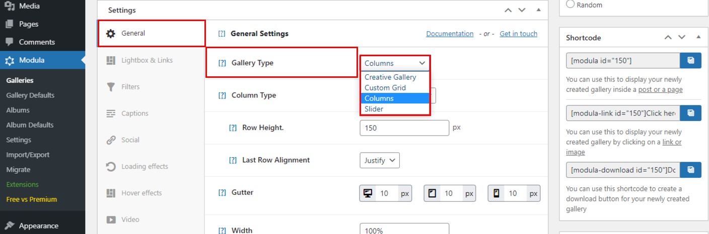 columns gallery type