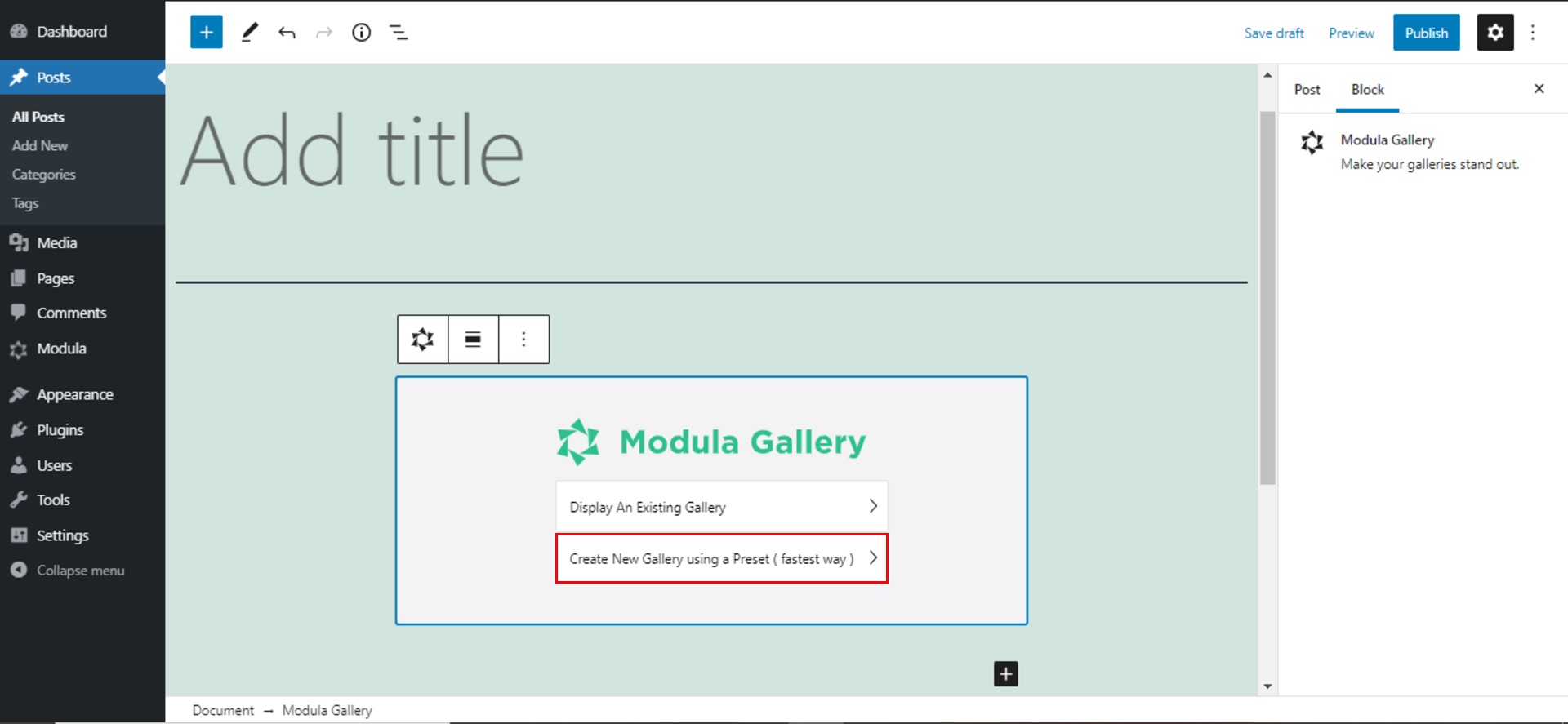 create a new gallery using preset