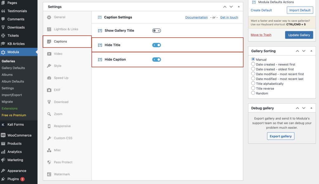hide title and caption