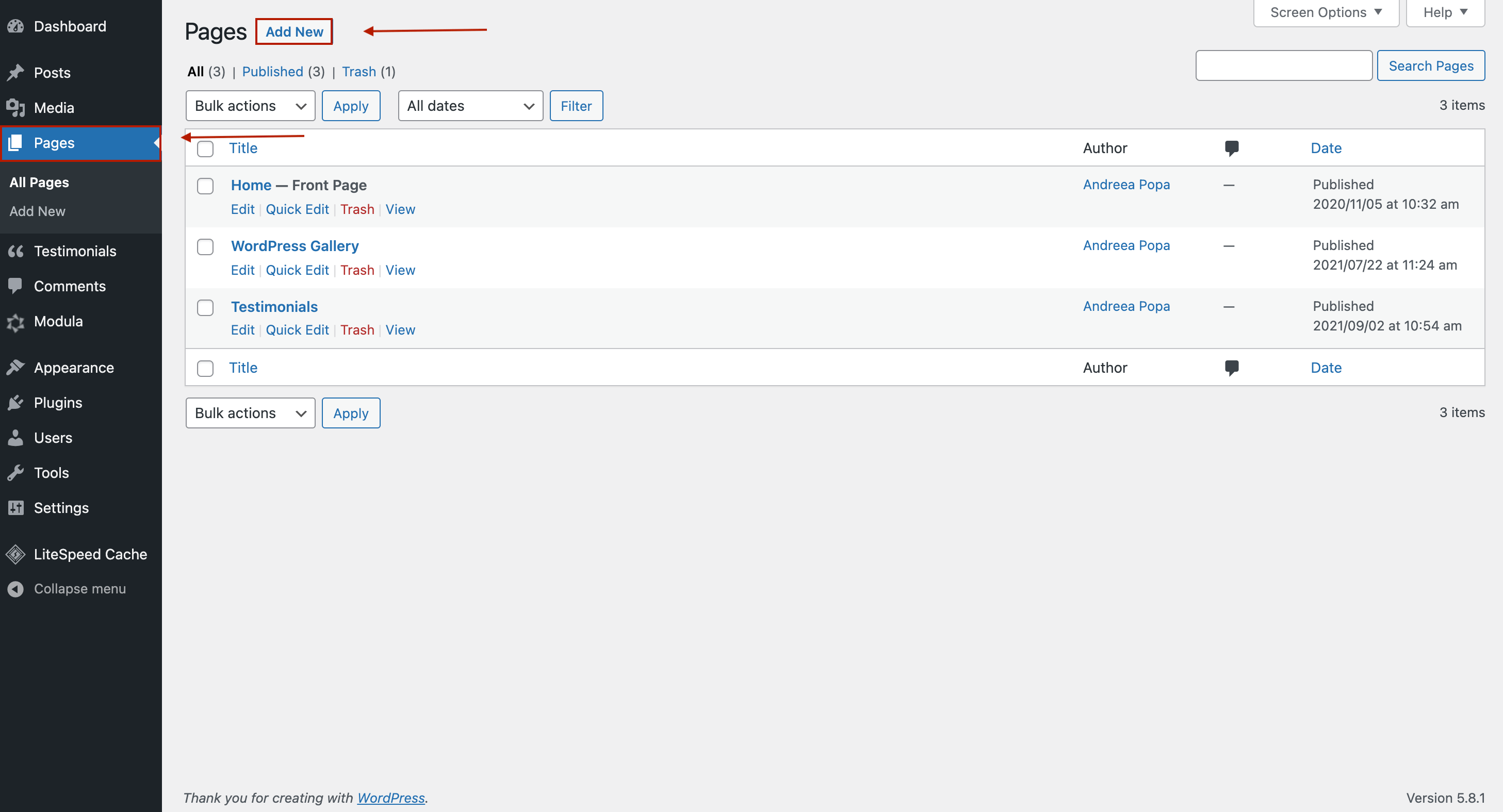 Creating a new page in WordPress