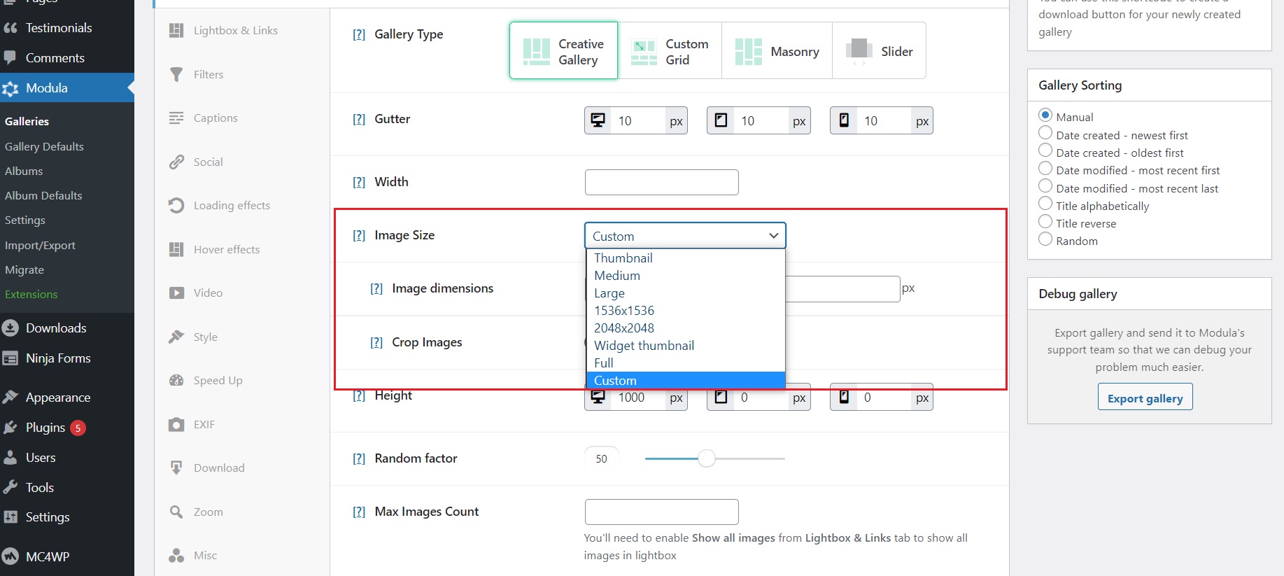Modula image sizing settings