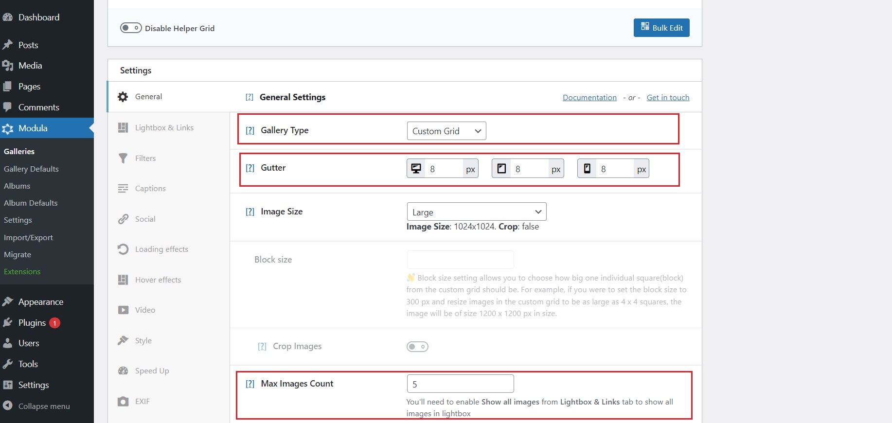 Image max count and gutter settings
