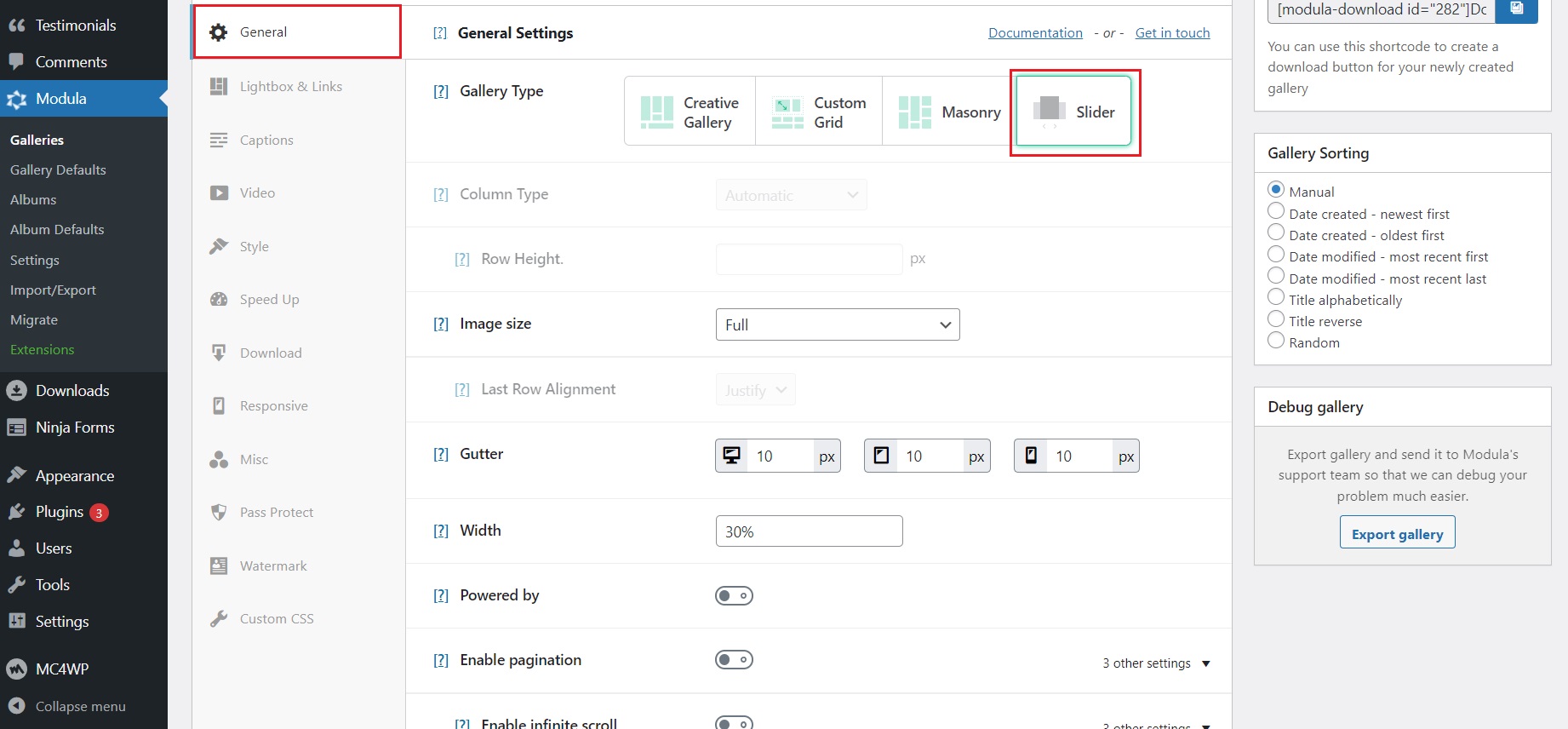 Select Modula Slider gallery type
