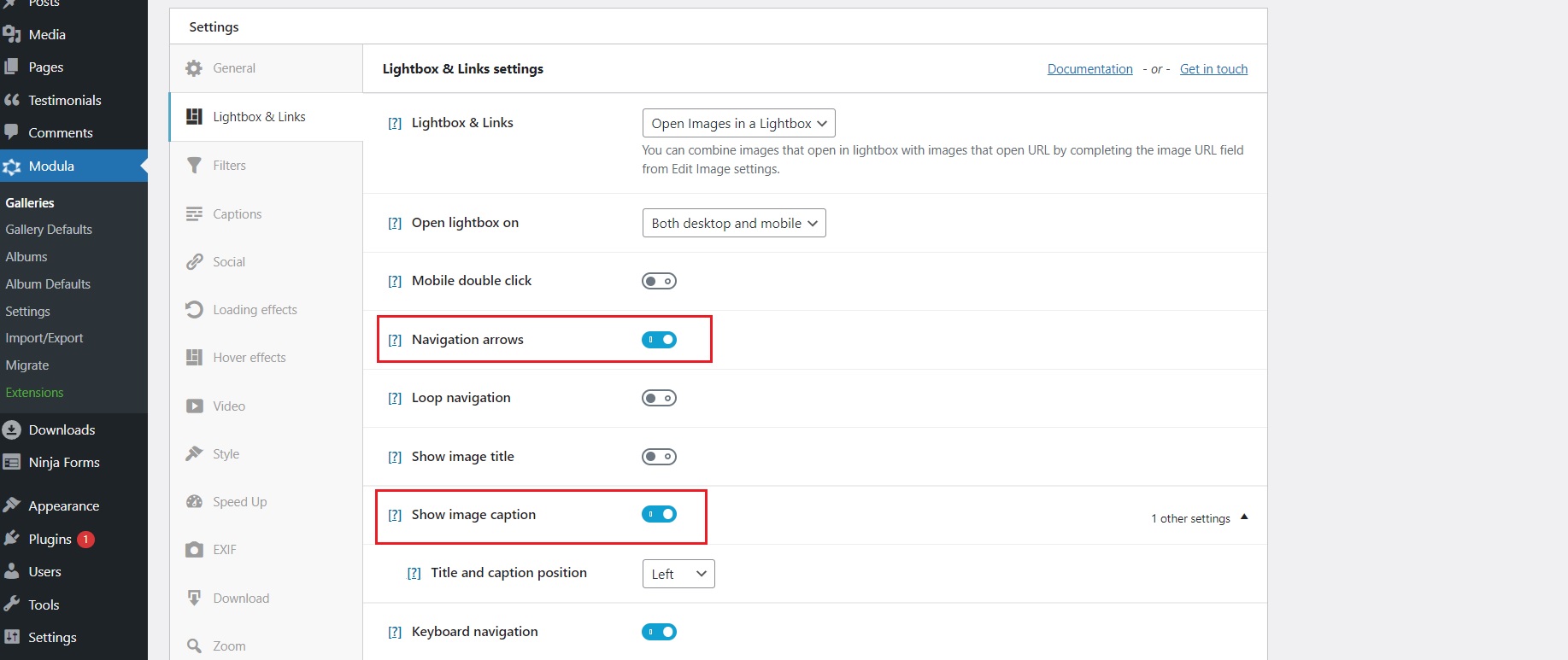 Image captions and navigation arrows display toggle buttons