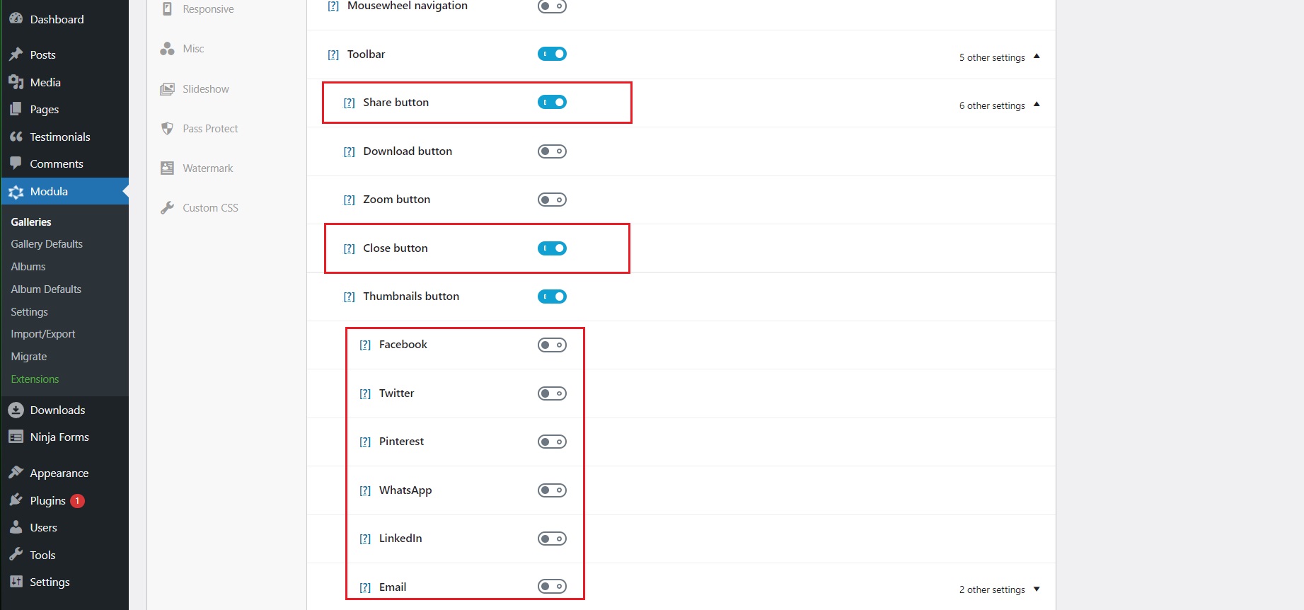 Share and close buttons