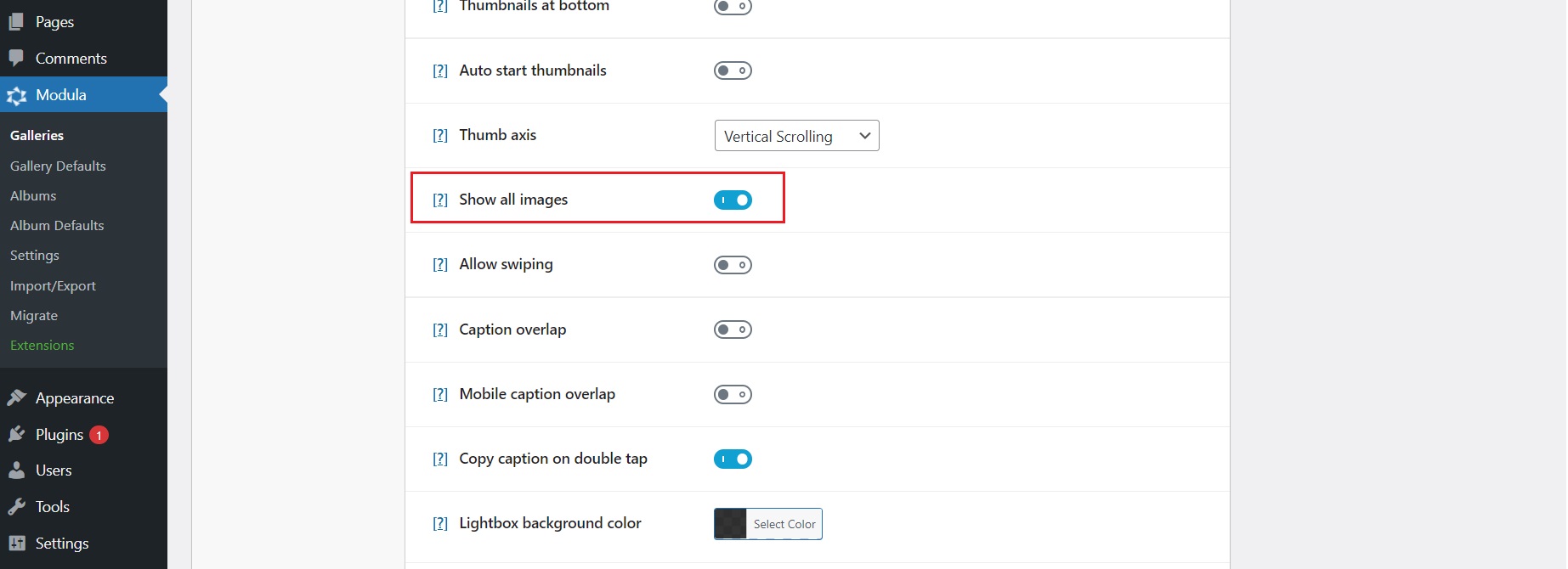 Show all images gallery setting