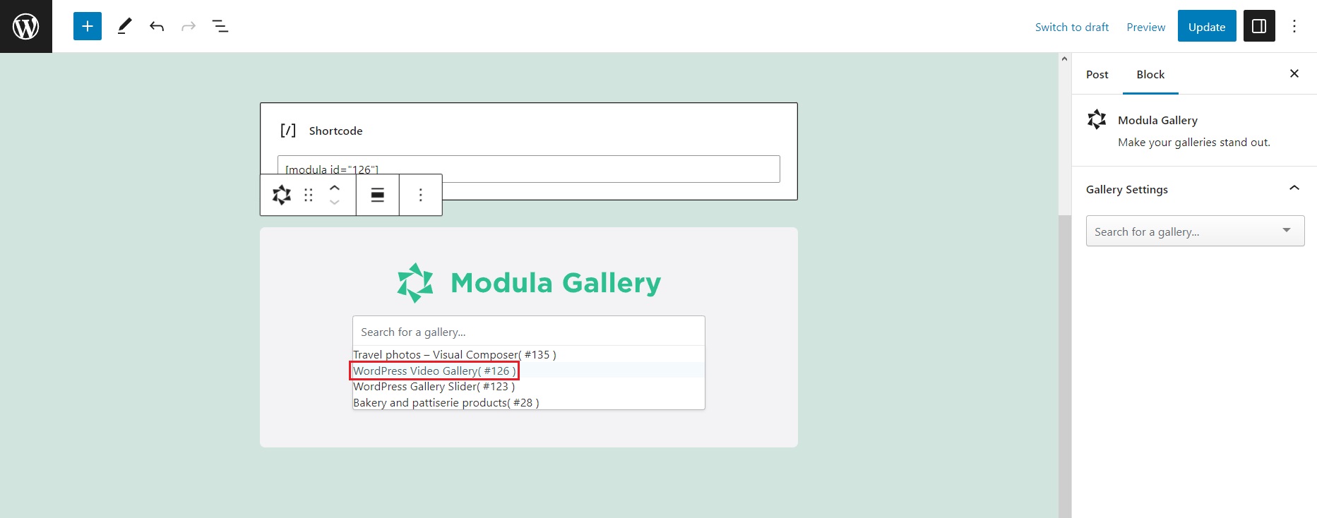 Select the desired gallery from the drop down menu