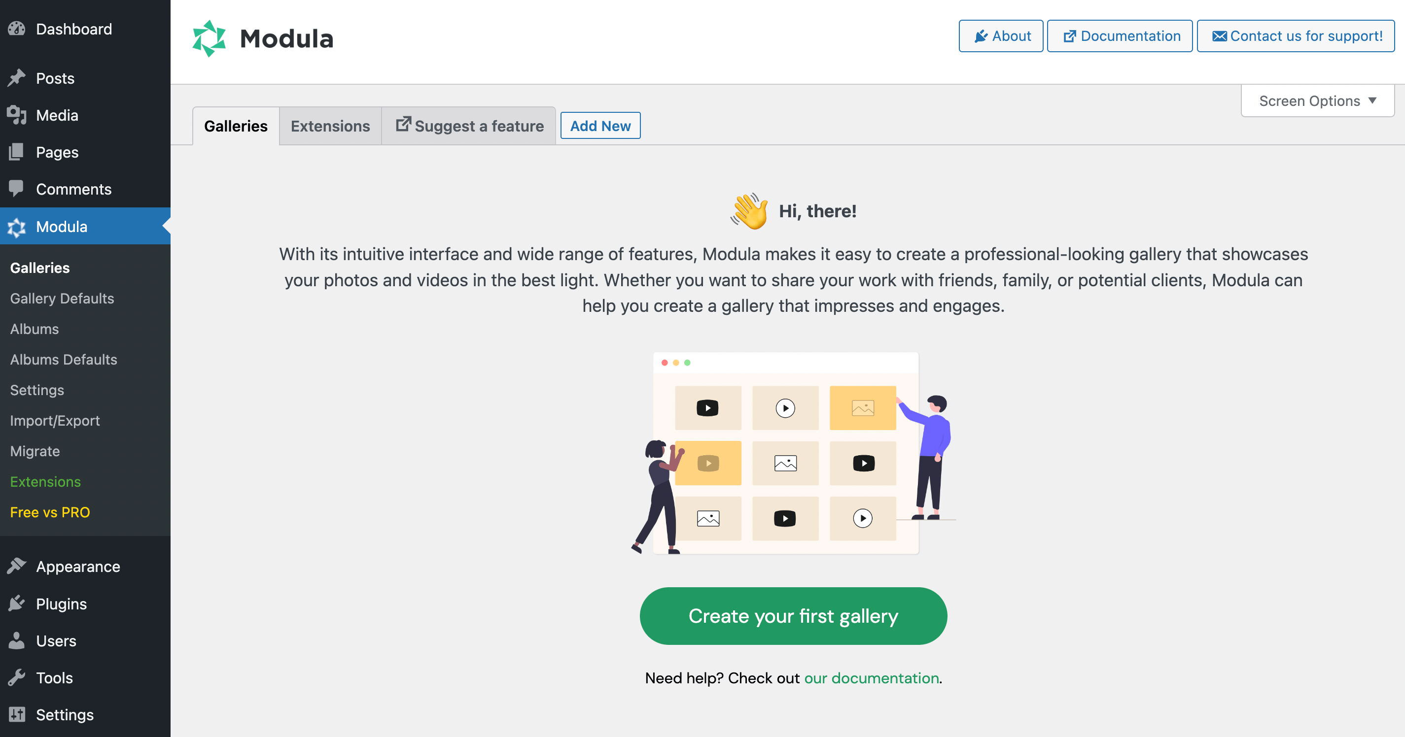 Modula welcome screen
