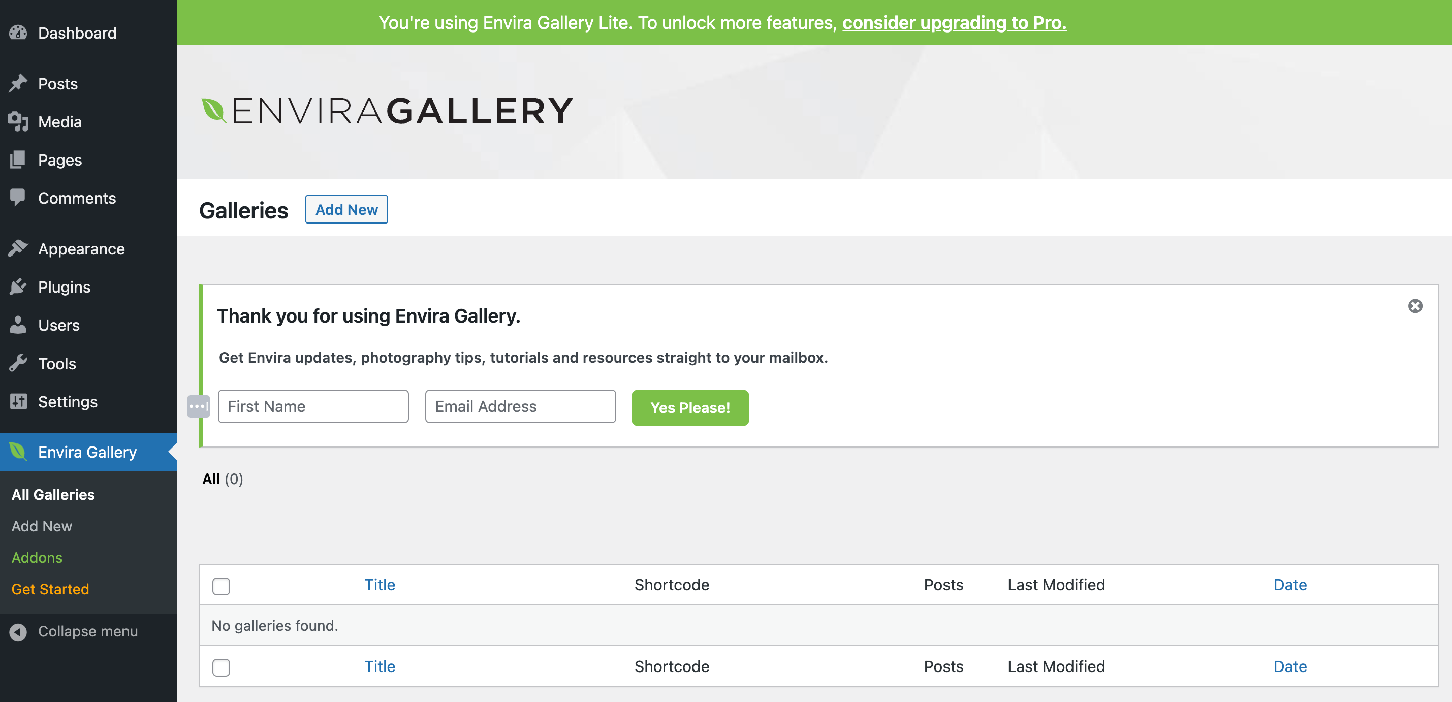 Envira gallery welcome screen