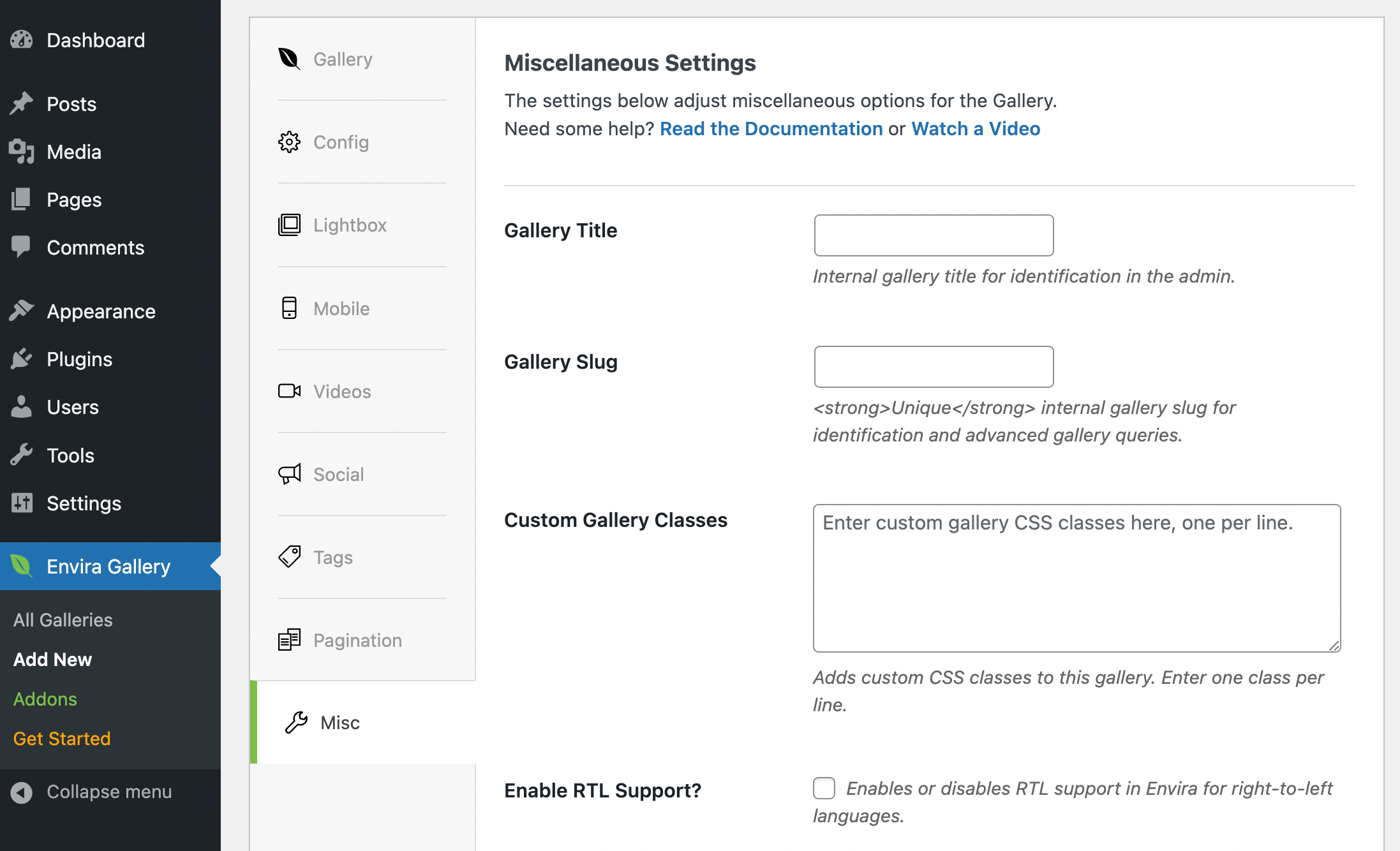 Envira misc settings