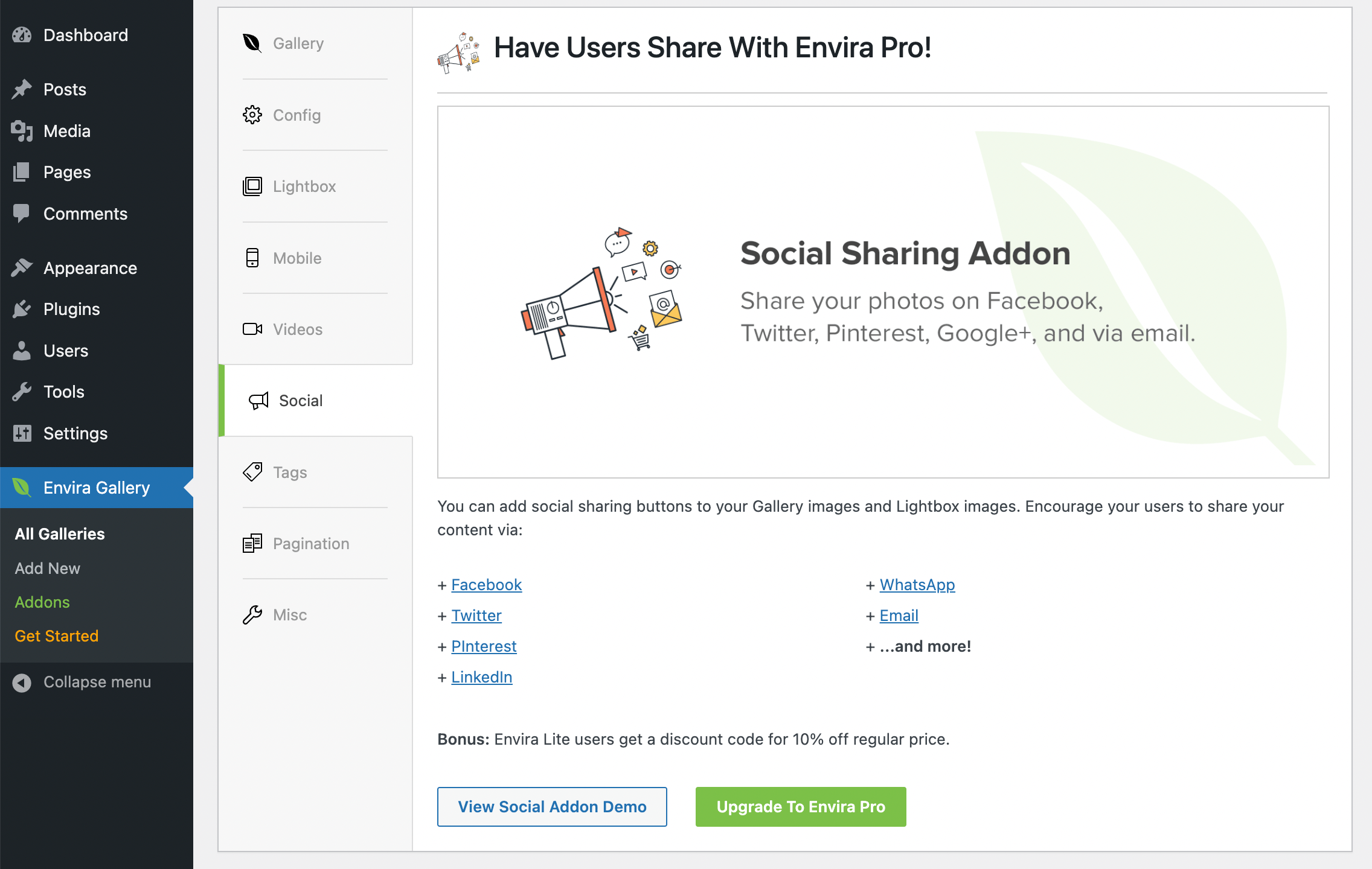 Envira social sharing addon