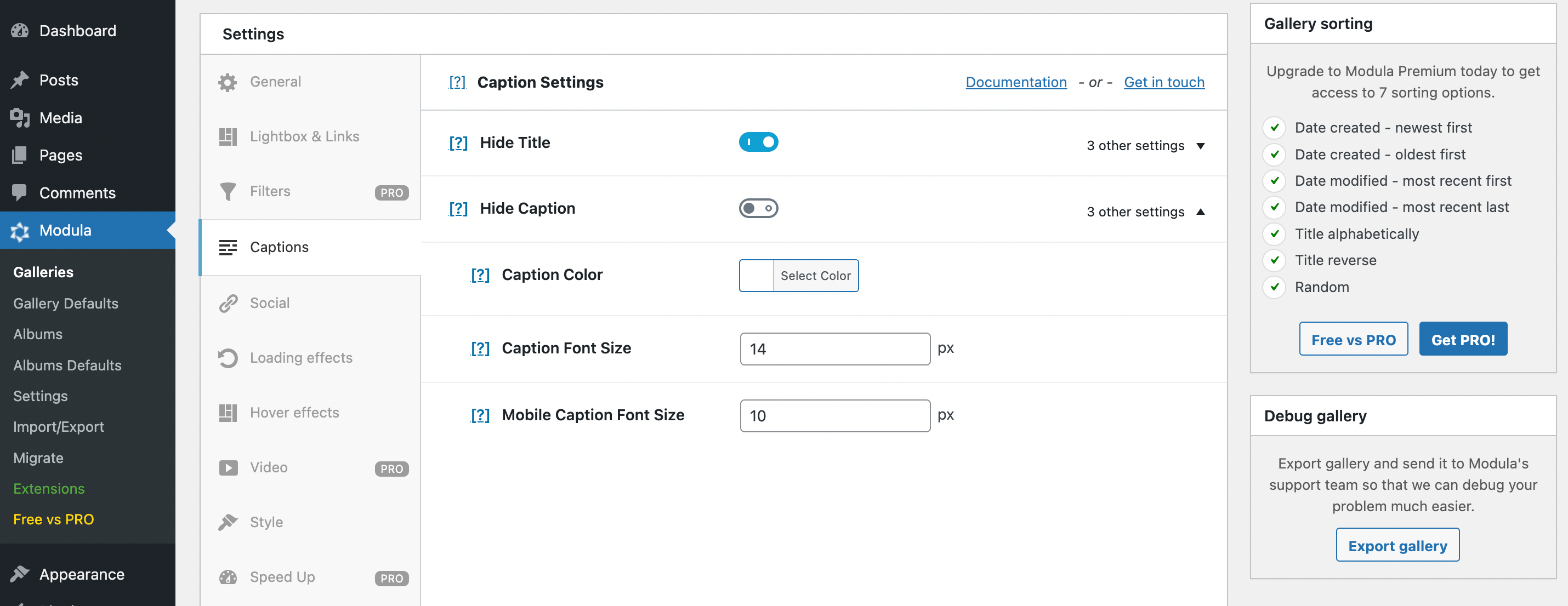 Modula captions settings