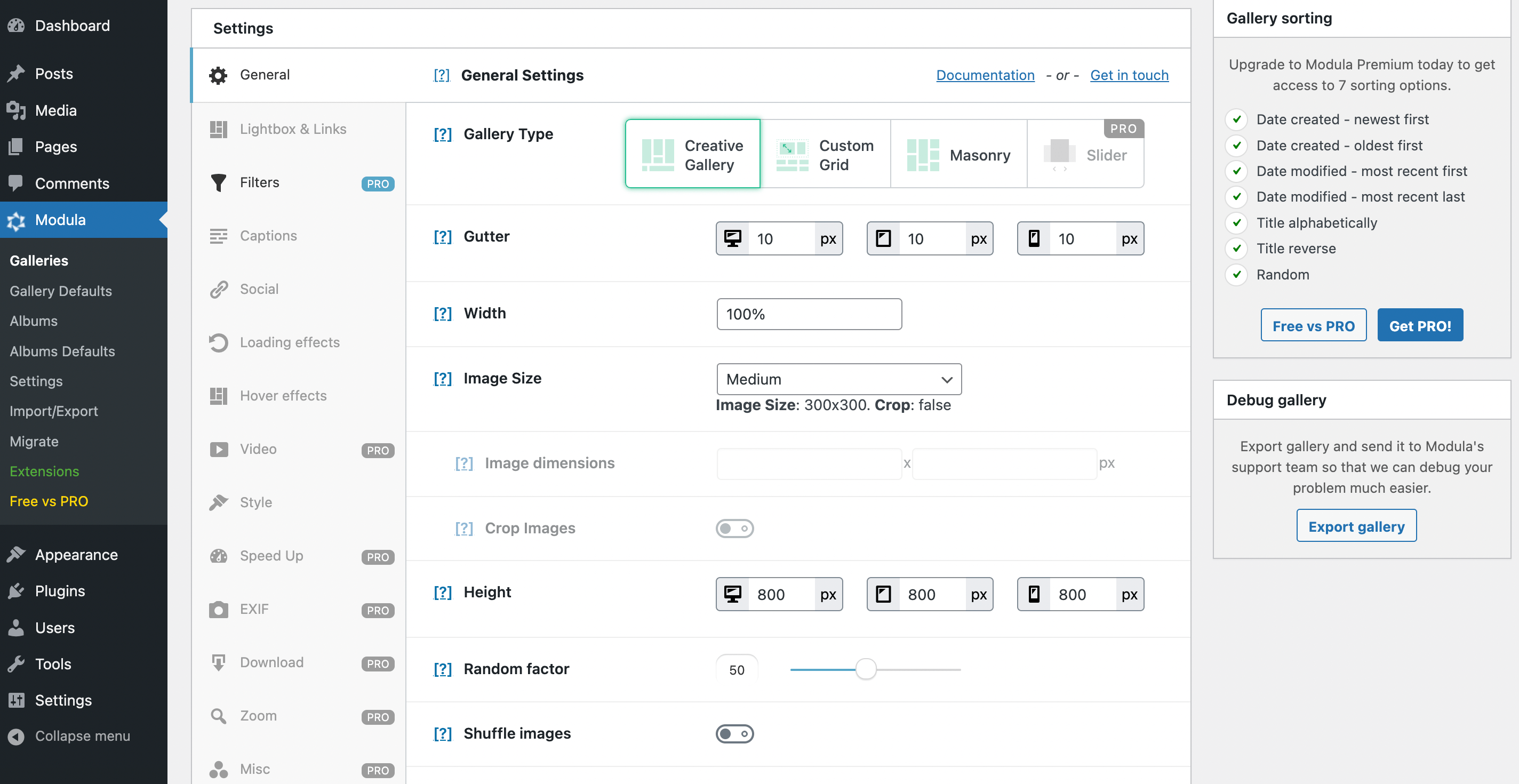 Modula general settings