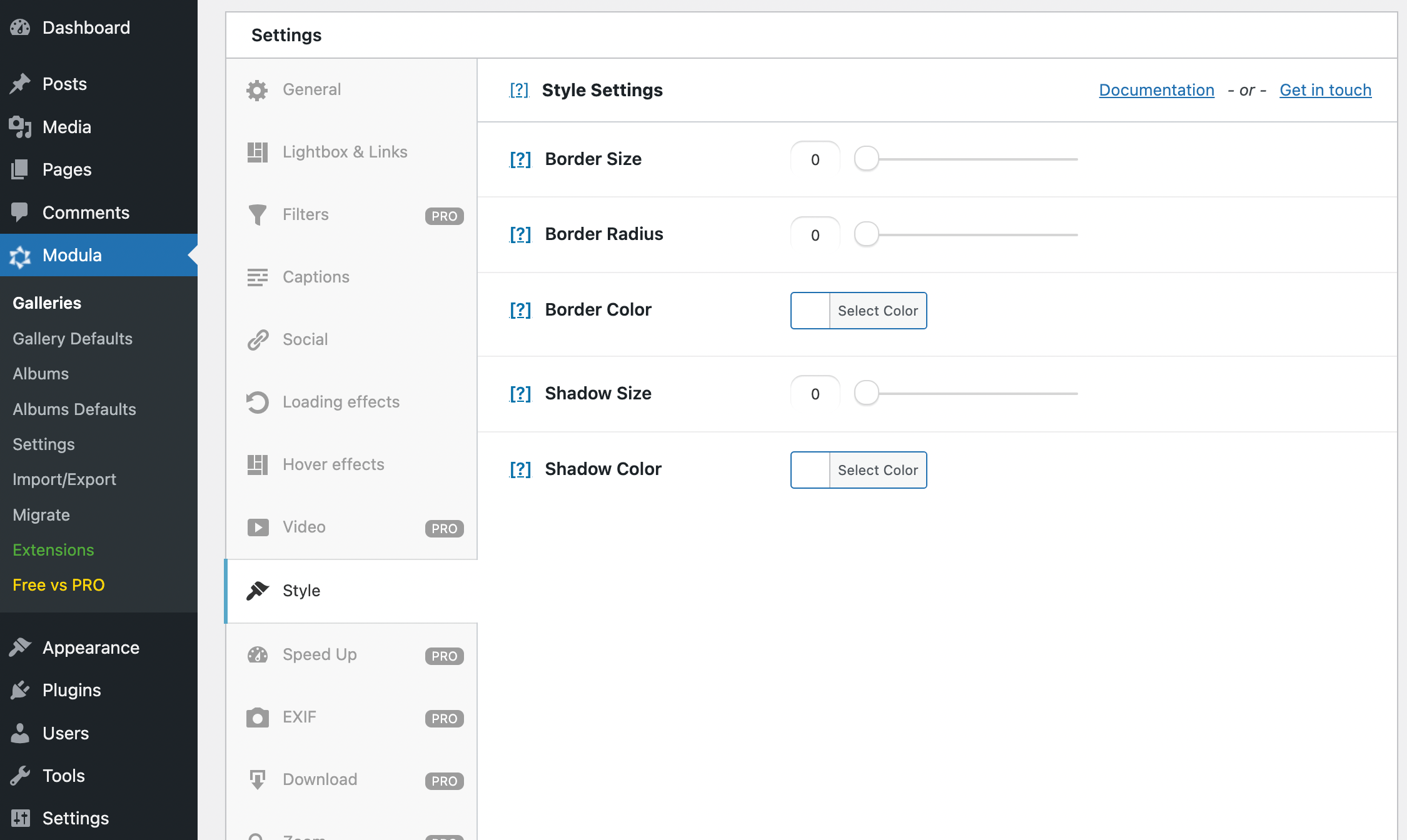 Modula style settings