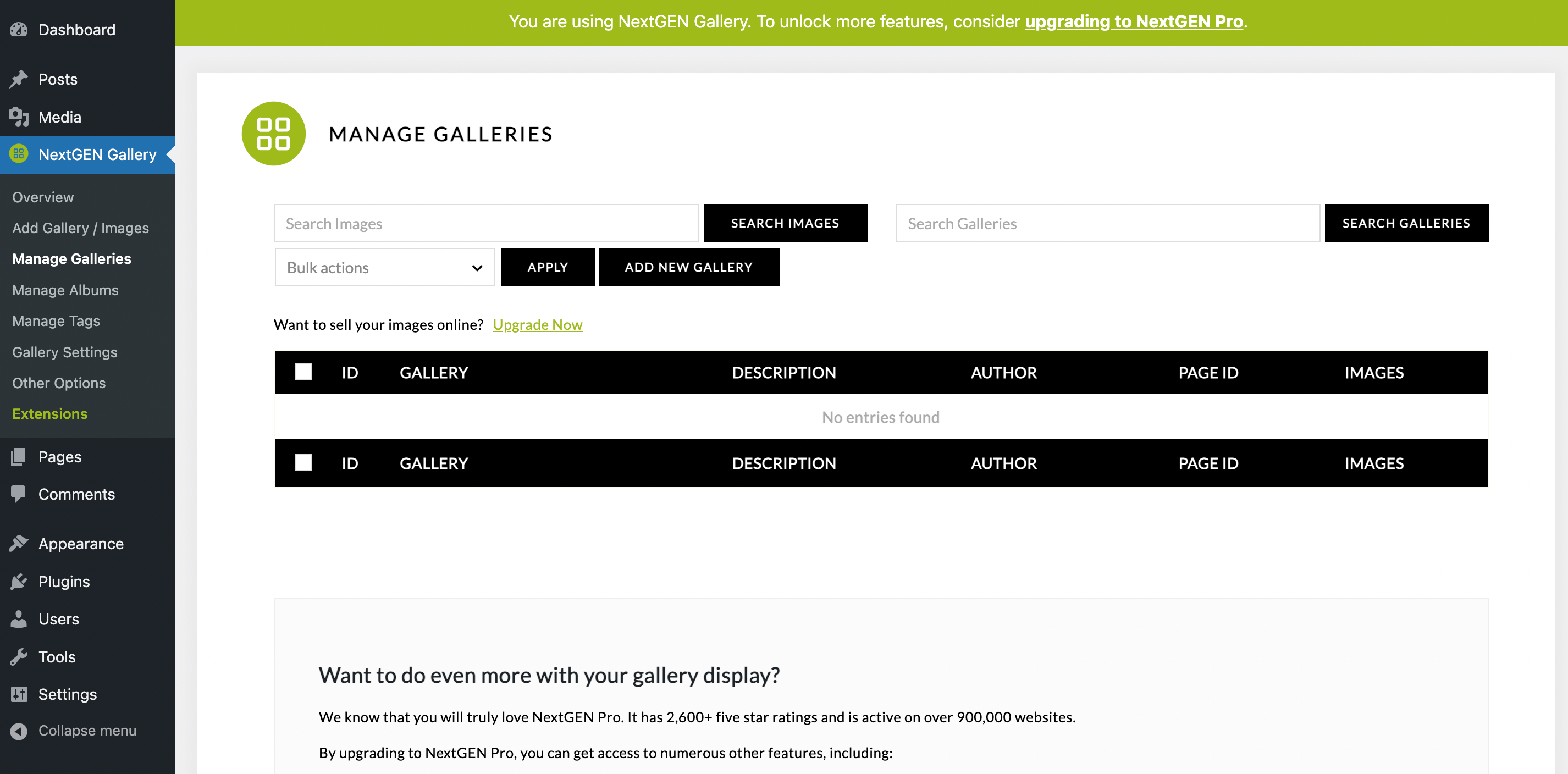 NextGEN welcome screen