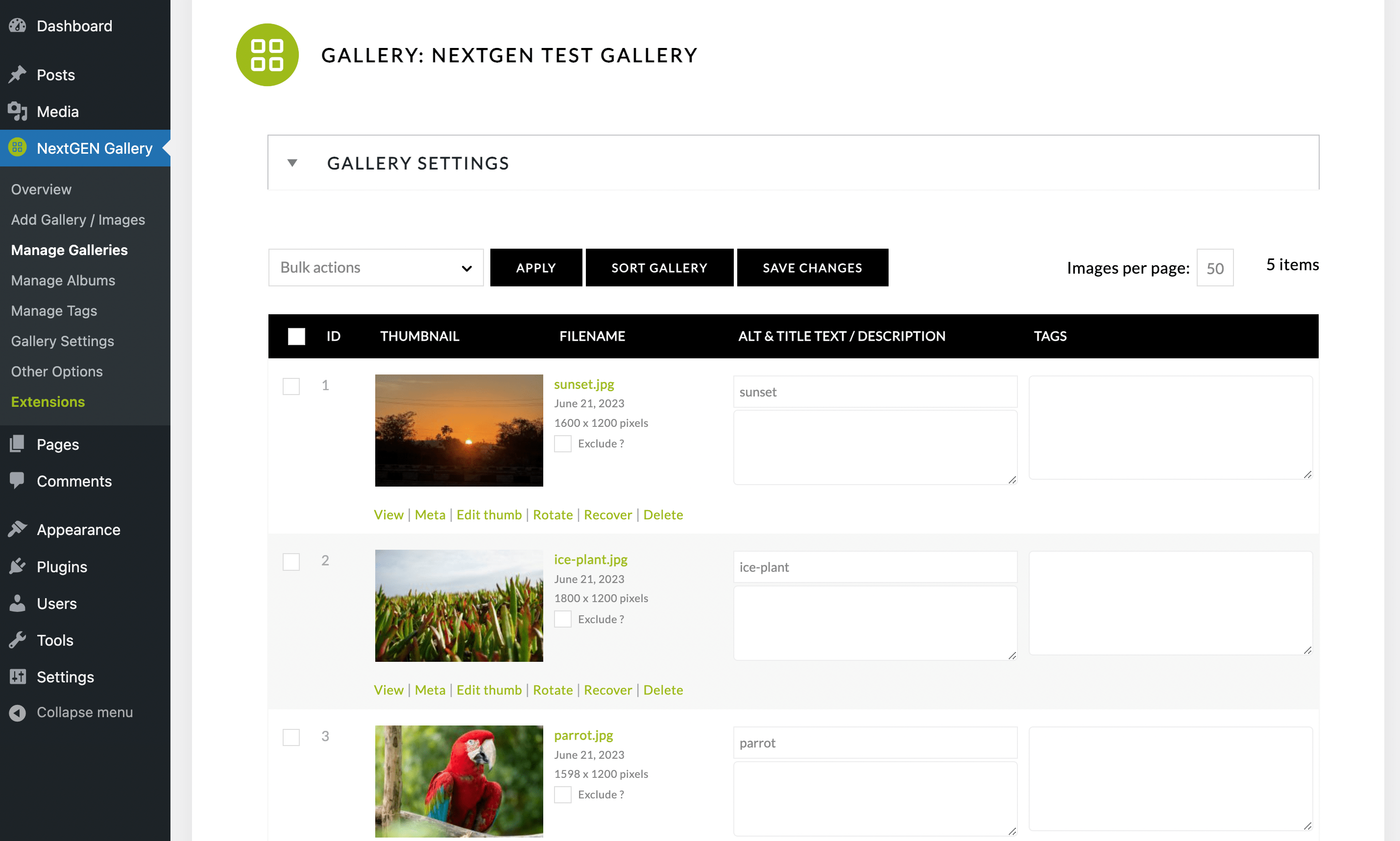 NextGEN gallery settings